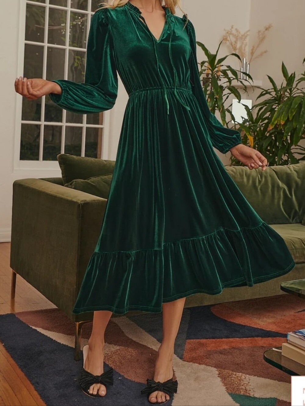 Baltic Born Emerald Green Velvet Long Sleeve Midi Dress - Picture 1 of 7